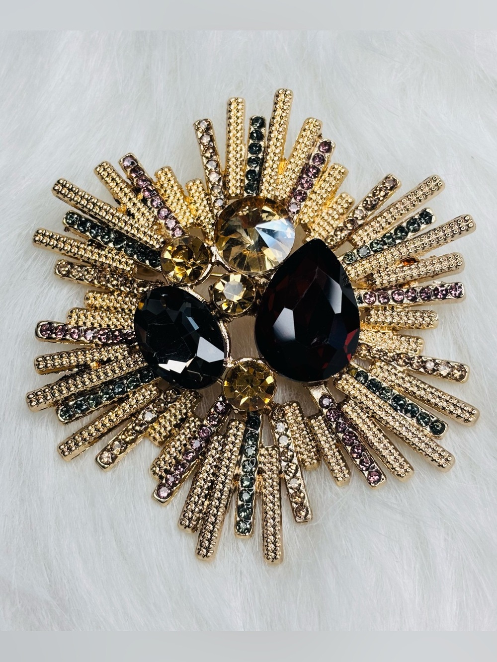 Large Jeweled Sunburst Brooch Multicolor Crystal Gold Tone Statement Pin